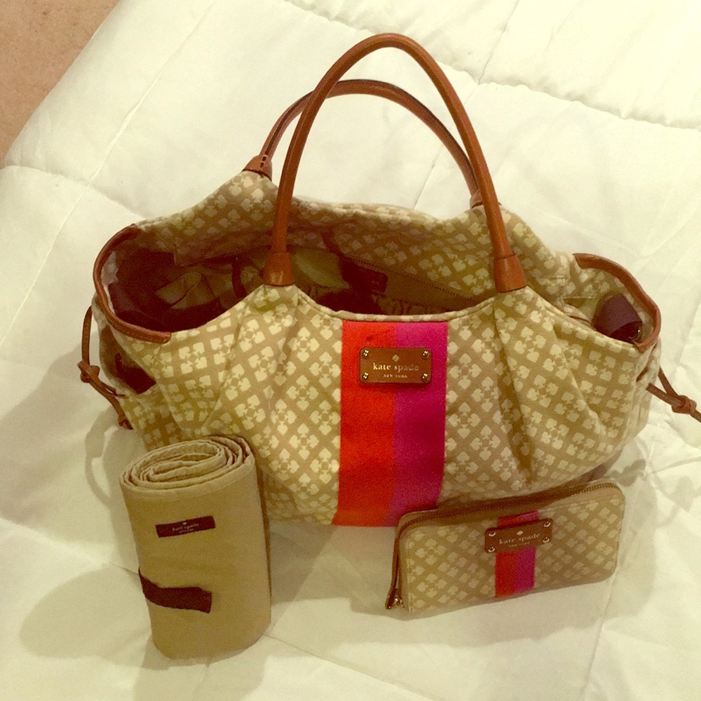 Kate Spade Beige Pink & Red Canvas Diaper Bag
